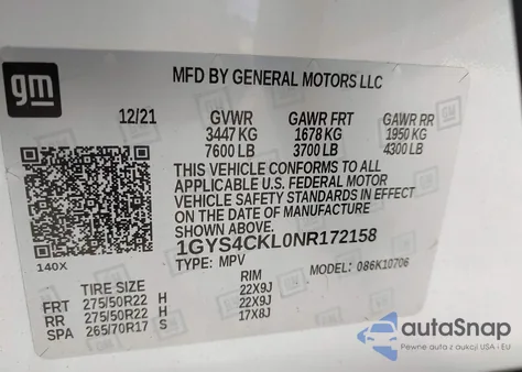 2022 Cadillac Escalade 4Wd Premium Luxury from USA, damaged, VIN 1GYS4CKL0NR172158